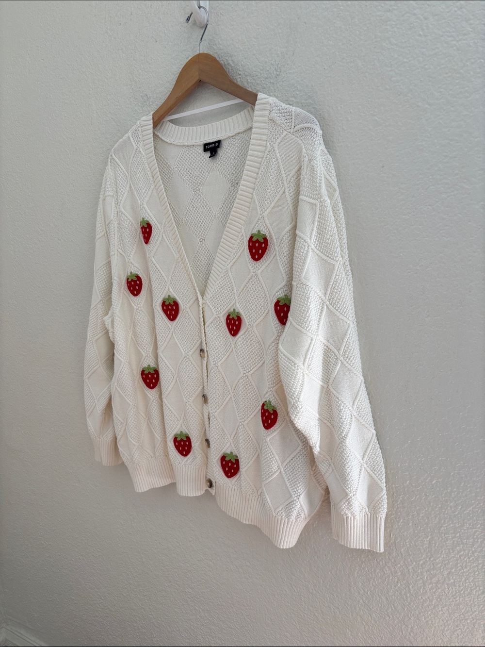 Torrid 100% Cotton Embroidered Strawberry Textured Sweater Cardigan Plus Sz 4X - Picture 6 of 11